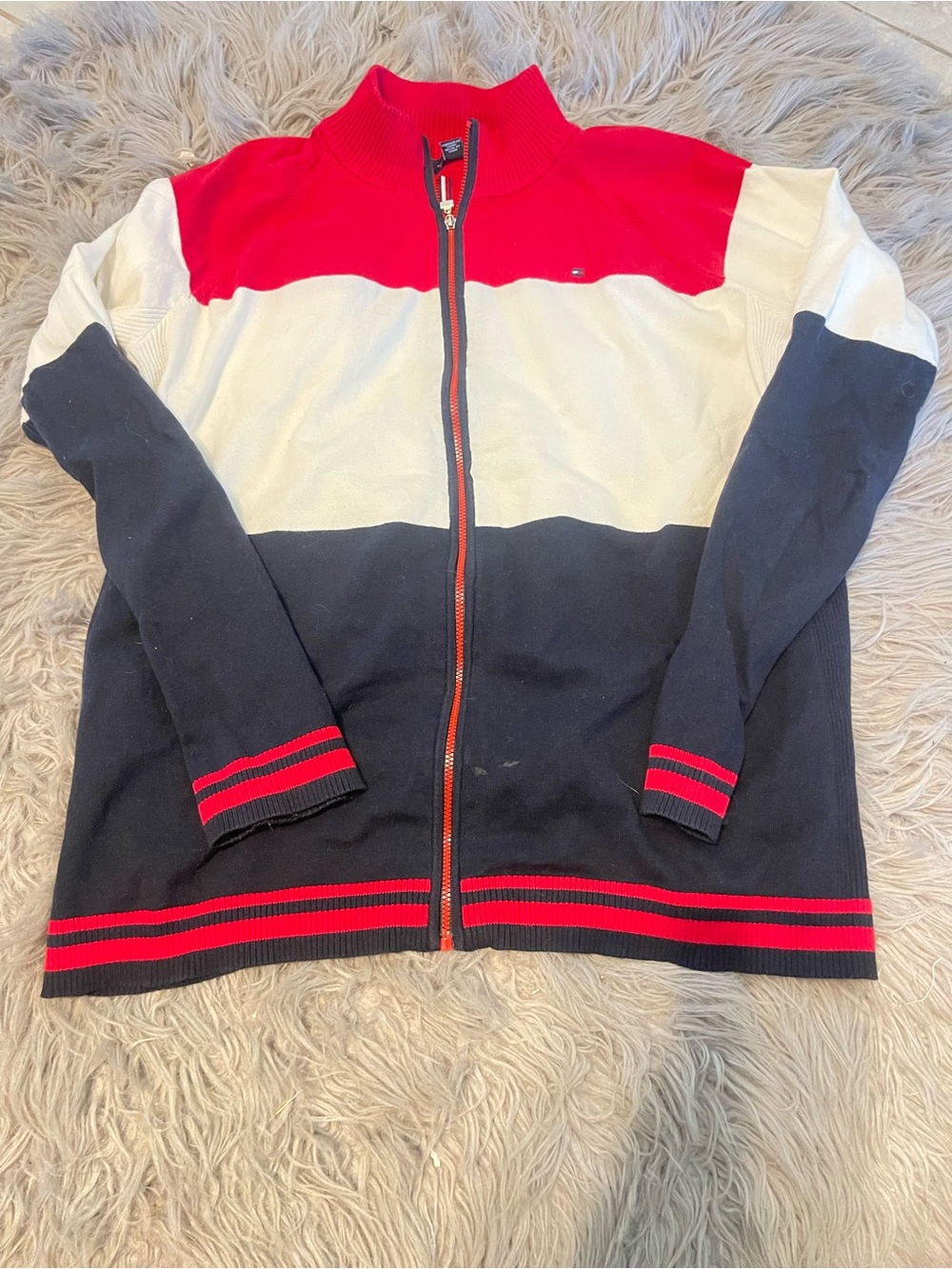 Tommy Hilfiger Red Zip-Up Sweater with Navy Trim
